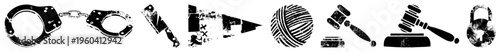 Handcuffs, knife, gavel, fingerprint, padlock law enforcement, justice symbols, legal system, crime prevention, security tools.