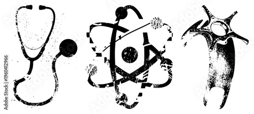 Black and white vector featuring a medical stethoscope, atomic symbol, and abstract organic shape with distressed texture, ideal for science, health, or artistic design projects.