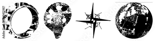 Distressed symbols with gritty texture, abstract design, vector, conceptual graphics, urban aesthetic, symbolic shapes, isolated elements.