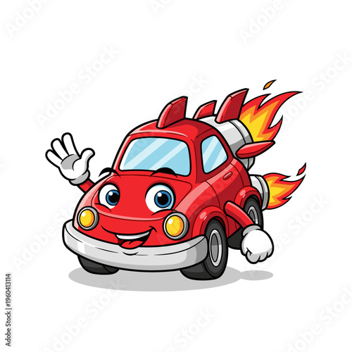 Smiling cartoon car with flames.