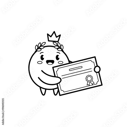 Smiling cartoon character holding certificate.