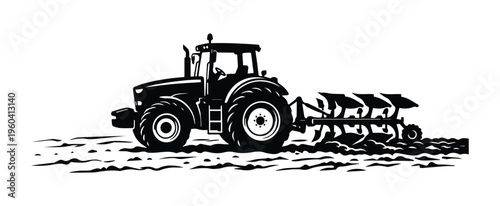 Tractor with plow on field Icon Silhouette vector black design on a white background
