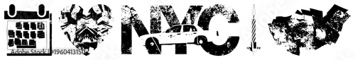 Graphic symbols representing city life calendar, heart with mountain, NYC taxi, candle, abstract cityscape., gritty, urban design elements.