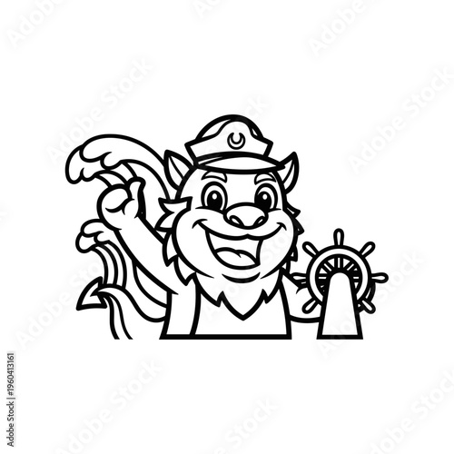 Smiling cartoon cat in sailor hat.