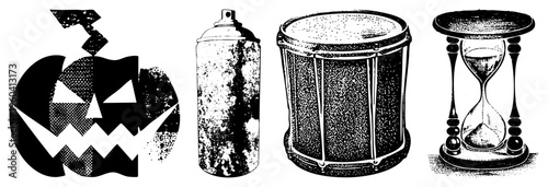 Grungy vector spooky pumpkin, spray paint can, drum, hourglass. Halloween, music, time, graffiti art, black and white, halftone style.