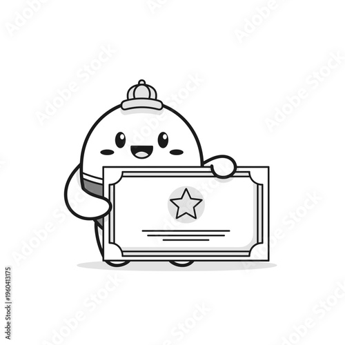 Smiling cartoon character holding certificate 1.