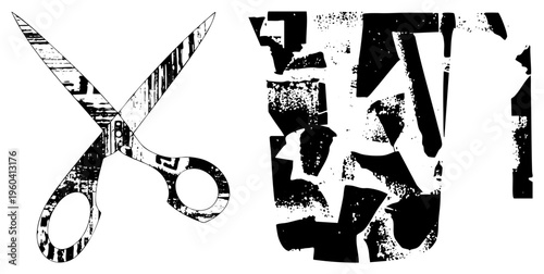 Graphic scissors with weathered, paired with fragmented abstract letterforms, vector design, stencil texture, illustration.