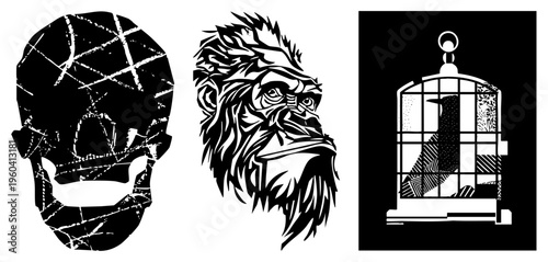 Vector art of skull, gorilla, and caged bird, each with intricate work and halftone textures, isolated graphic elements for design projects.