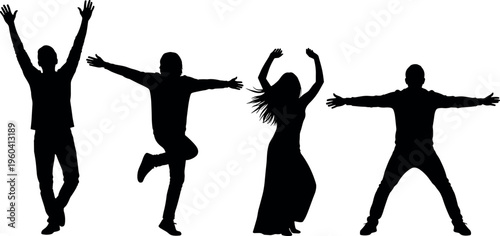 Dynamic people silhouettes vector illustration showing expressive poses, jumping, dancing, arms raised, celebration, freedom, artistic posture artwork