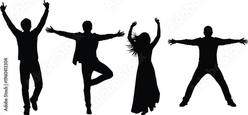Dynamic silhouettes of people in expressive dance and movement poses, artistic vector illustration for performance, celebration, and creative design projects