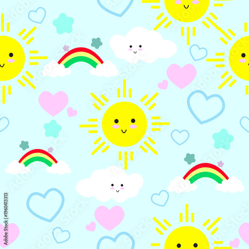 Cute Seamless Pattern of sun, clouds, rainbow and love