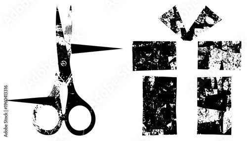 Vintage scissors slicing textured paper pieces, distressed graphic tool, craft cutting, element, halftone print style.