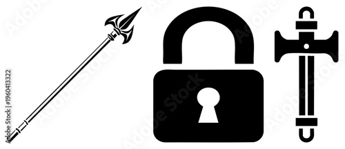 Black vector representing protection,, and access control spear with leafy tip, open padlock, and stylized sword. Security motif, symbolic weaponry, digital interface assets.
