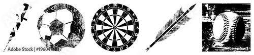 Retro styled sports and writing tools, including dartboard, soccer ball, baseball, feather pen, and pocket knife, rendered in gritty vector art.