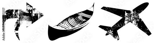 Distressed black vector featuring arrow, gondola, and airplane with gritty texture, isolated design, halftone aesthetic, graphic symbols for travel or navigation themes.