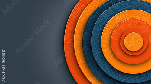 Concentric circular shapes layered with textured surfaces align against a dark background on the right side.