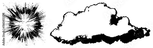 Vector graphic featuring halftone starburst and cloud shape, ink splatter texture, graphic design elements, isolated foreground assets.