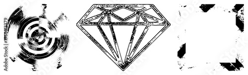 Black and white vector art featuring stylized diamond cut and concentric circular brushstrokes, graphic design elements, isolated shapes, artistic textures, illustration.