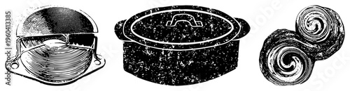 Retro style halftone print of kitchenware and pastry, pot with lid and dough swirls, vintage cookery, culinary art, textured engraving.