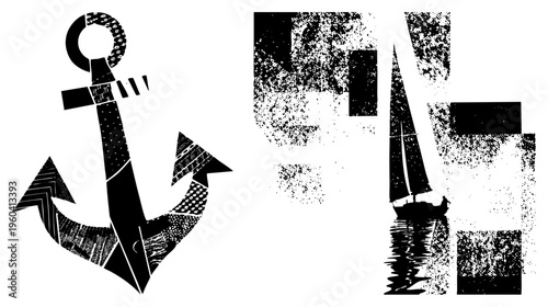 Maritime anchor with geometric, sailboat silhouette on water, nautical design, vector illustration, halftone texture, sea motifs, isolated elements.