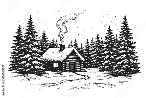 Winter Cabin Silhouette Vector, Snowy Forest House with Pine Trees and Smoke, Black and White Nature Illustration