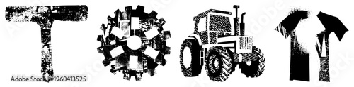 Grungy black and white vector of tools, gears, tractor, and t shirt, isolated design elements, industrial motifs, gritty texture, mechanical symbols, apparel.