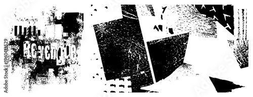 Distressed logo with bold typography, fragmented geometric forms, high contrast black and white, gritty urban aesthetic, stencil like texture.