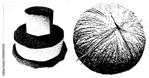 Black and white halftone illustration of a coconut and abstract cylindrical shape, graphic design, vector art, stylized textures, isolated elements.