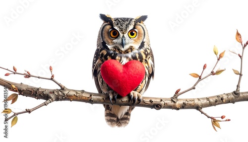 An owl with striking eyes sits perched on a branch, cradling a plush, red heart against a clean, white background