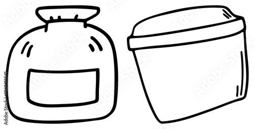 Hand drawn of two containers, one open faced with lid raised, one closed with lid secured, minimalist sketch, doodle style, vector illustration.