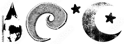 Distressed celestial with textured, moon phases, star motifs, mystical design, black and white vector art, occult symbolism.