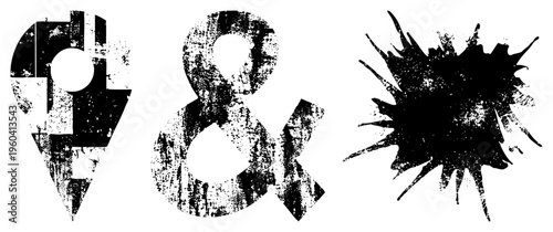 Distressed typography symbols including number 9 and ampersand, paired with ink splatter texture, ideal for urban design, posters, or branding with gritty aesthetic.