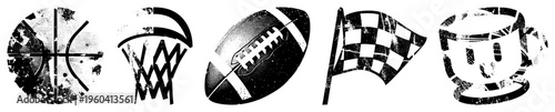 Gritty halftone sports basketball, football, checkered flag, coffee cup styled for retro design. Also called sport emblems, athletic, or game symbols.