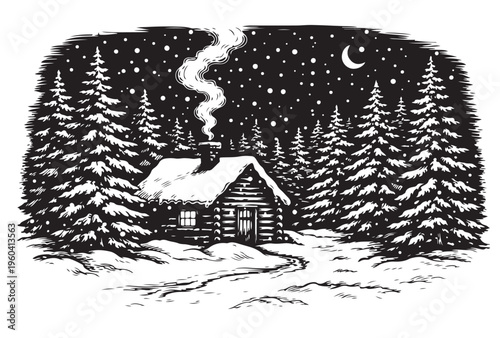 Winter Cabin Silhouette Vector, Snowy Forest House with Pine Trees and Smoke, Black and White Nature Illustration
