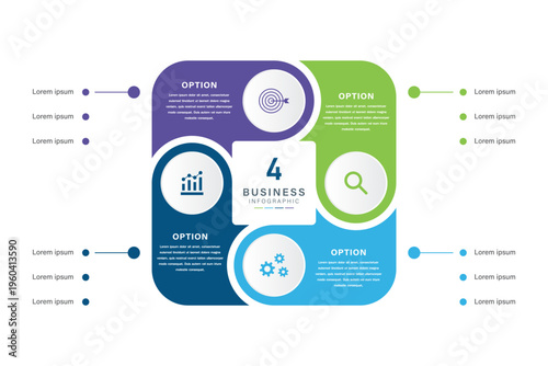 4 Options Venn diagram business infographic square circle chart Template with Colorful Quadrants and Icons for Corporate Strategy, Workflow, and Data Presentation