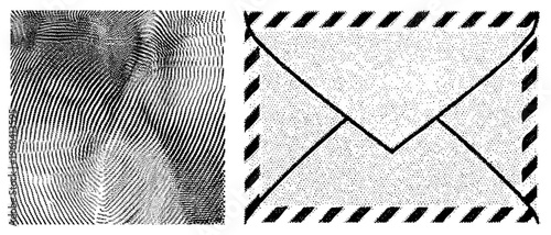 Halftone texture mimicking skin or fabric, envelope with diagonal stripes, vector graphic, dot matrix art, isolated design elements, stylized communication symbols.