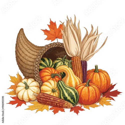 Woven horn overflowing with pumpkins, gourds, corn, and autumn leaves