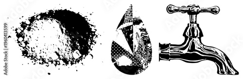 Graphic design featuring water droplet with interior, vintage faucet, ink splatter texture, vector art, isolated elements.