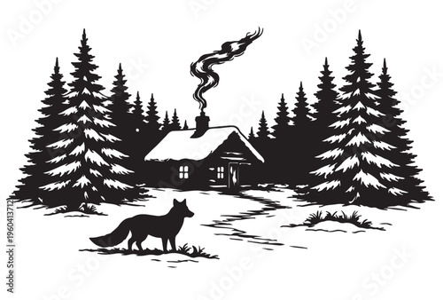 Winter Cabin Silhouette Vector, Snowy Forest House with Pine Trees and Smoke, Black and White Nature Illustration