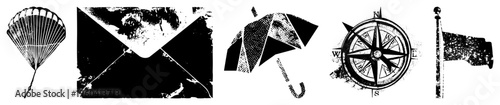 Retro halftone parachute, sealed envelope, dotted umbrella, compass rose, telescope classic travel and communication symbols.
