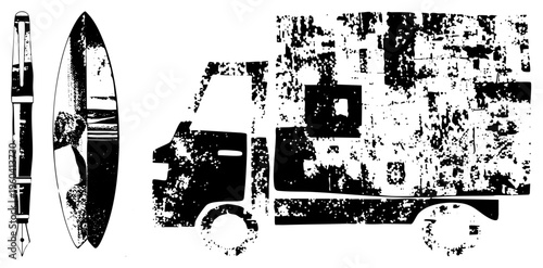 Retro ink fountain pen, classic surfboard, delivery truck, halftone texture, vector illustration, design, urban.