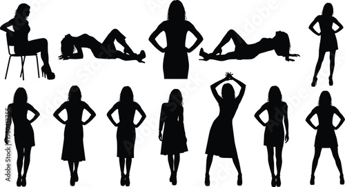 Human silhouettes in diverse sitting, standing, and lying poses, expressive gestures, vector illustration for animation, design, and body language projects