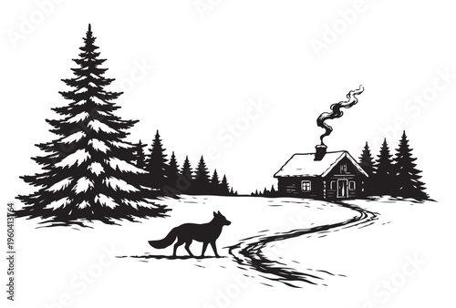 Winter Cabin Silhouette Vector, Snowy Forest House with Pine Trees and Smoke, Black and White Nature Illustration