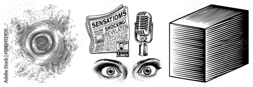Retro microphone beside sensationalist newspaper and intense eyes, halftone vector illustration, journalistic tools, exposure, public scrutiny.