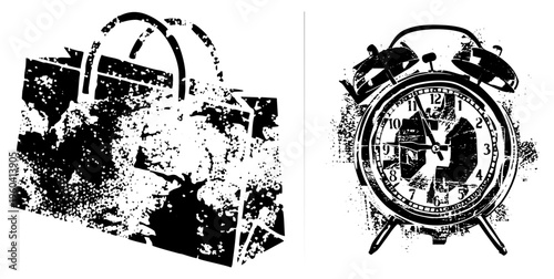 Grungy halftone shopping bag with handles and alarm clock with bells, both in black and white, vector art, retro style, isolated elements.
