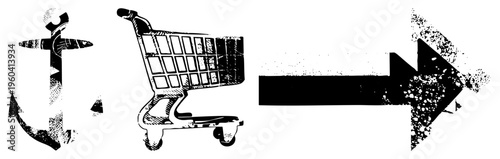 Grunge style sequence showing anchor transforming into shopping cart, leading to forward arrow, symbolizing commerce shift or consumer journey.