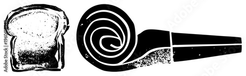 Black and white halftone vector art of a bread slice and spiral pipe, minimalist graphic design, isolated food and smoking.