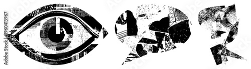 Stylized eye, brain, and skull rendered in halftone, graphic design elements, vector art,, symbolic, conceptual visuals, isolated foreground.