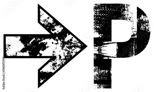 Bold directional arrow with distressed texture, letter P with worn graphic effect, vector set, navigation symbol, design element, isolated graphic.