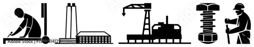 Set of worker silhouettes representing industrial labor, factory, crane lifting, and mechanical assembly, flat vector for UI or infographics.